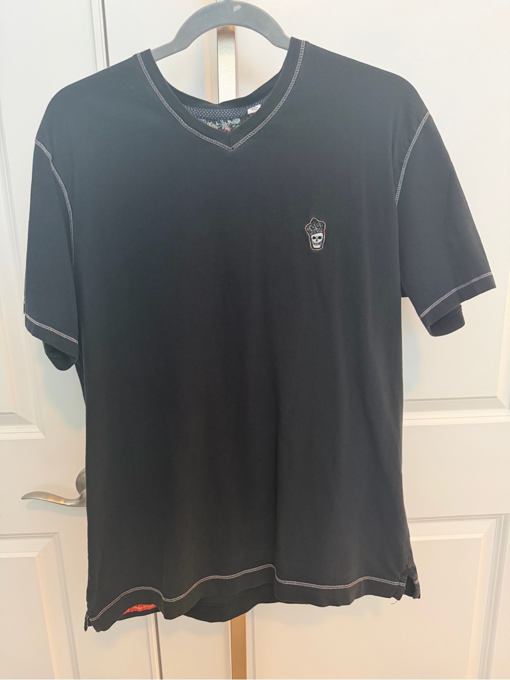 Robert Graham Black Short-Sleeve V-Neck Shirt with Skull Patch